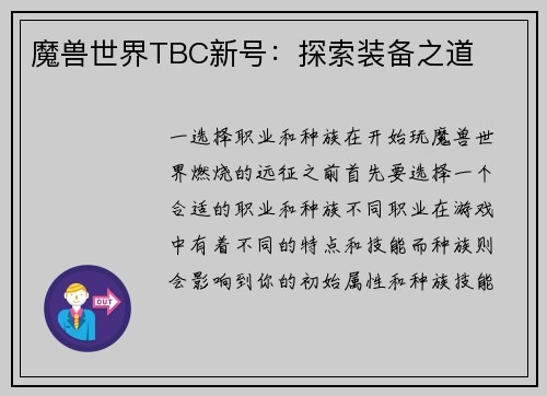 魔兽世界TBC新号：探索装备之道