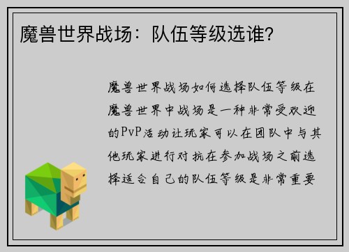 魔兽世界战场：队伍等级选谁？